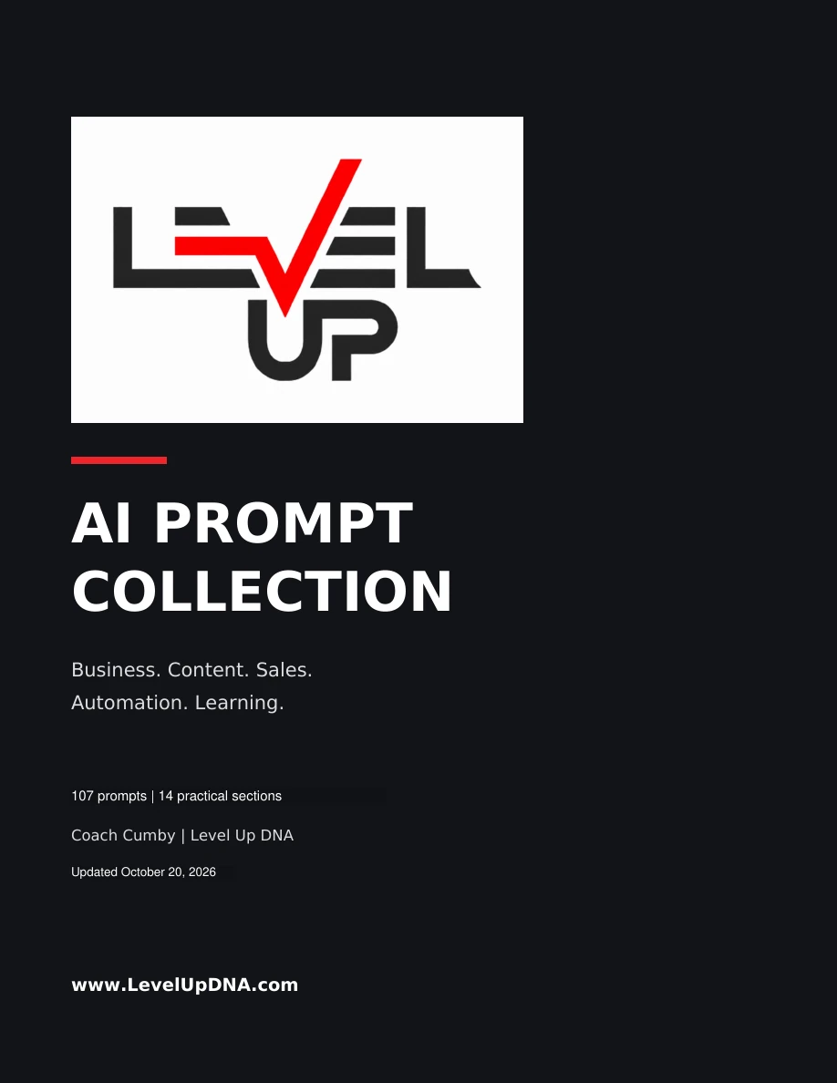 October 20, 2026 cover of the Level Up DNA AI Prompt Collection: 107 prompts in 14 practical sections