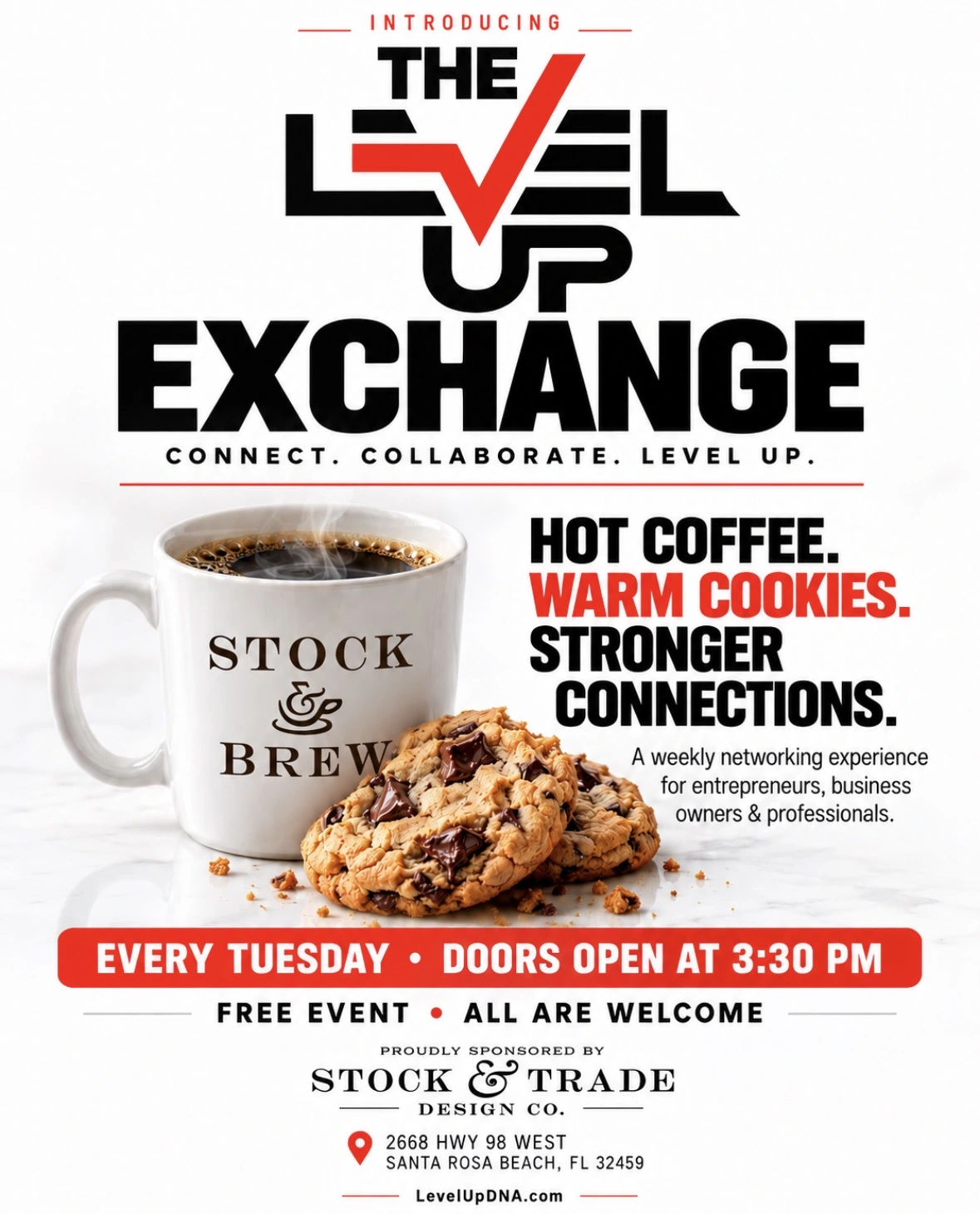 The Level Up Exchange flyer: weekly Tuesday networking, doors at 3:30 PM, free and open to all